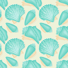 Pattern Seashell hand drawn doodle drawing, blue and beige pastel tone. Vector illustration