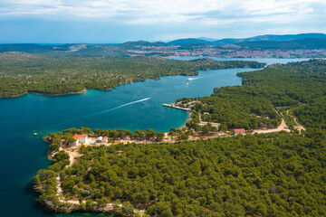 Fototapeta na wymiar Aerial view of an estuary of the Krka River called St. Anthony Channel