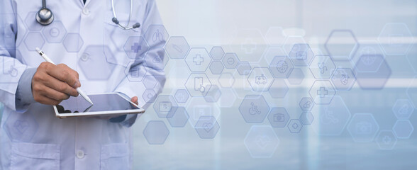Medical technology network concept. Medicine doctor using digital tablet with icon medical network connection with modern virtual screen interface, hospital background
