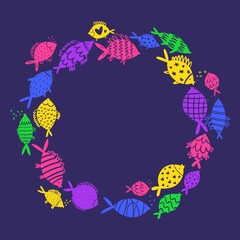 Illustration with fish in a circle drawn by hand