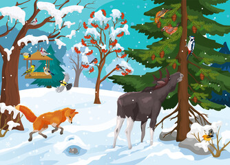 Vector illustration forest animal life in winter