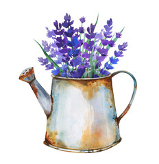 Beautiful cottage core rustic natural watercolor hand drawn lavender herbal bouquets set in old rusty metal vases and watering cans in the garden. Vintage style clip art. © Alina Nikitaeva