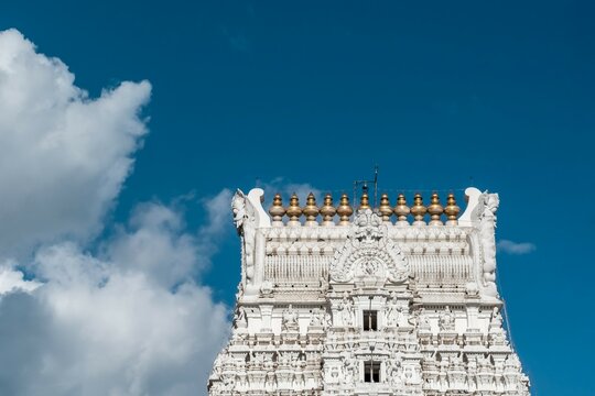 The white spire of the ancient Govinda Raja temple in the Hindu pilgrim town of Tirupati.