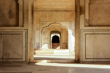 An ornate marble hallway in the ancient royal palace of Deeg in Rajasthan.
