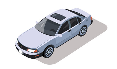 Car isometric view. Vehicle gray color. Sedan type model collection. Design element for road city, urban, street. 3d automobile with shadow isolated on white background. Flat Vector illustration