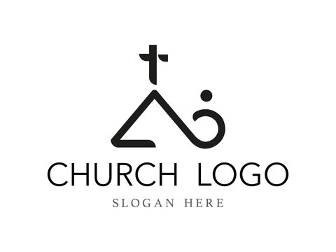 Christian cross church logo. Christianity symbol of Jesus Christ and reconciliation. Silhouette outline of cross illustration isolated on white background. Vector modern church logo design or sign.