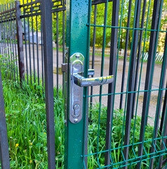 Green metal gate with a shiny handle in raindrops on the street