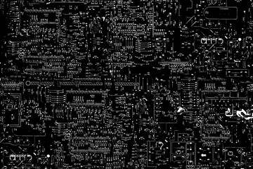 Illustration in black and white of a motherboard of an old CRT TV. Laptop repair, top view. Computer and Tv electronic parts background. - obrazy, fototapety, plakaty