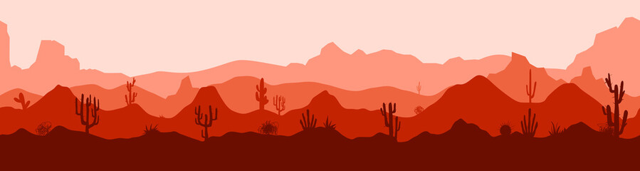 Canyon panorama with cactus and mountains. Horizontal panoramic seamless banner in dark and light red tones. Flat vector illustration.