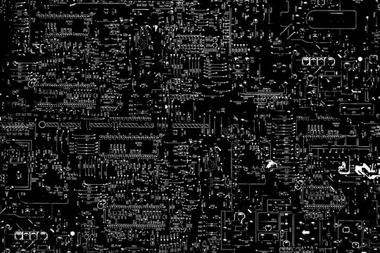 Illustration in black and white of a motherboard of an old CRT TV. Laptop repair, top view. Computer and Tv electronic parts background.