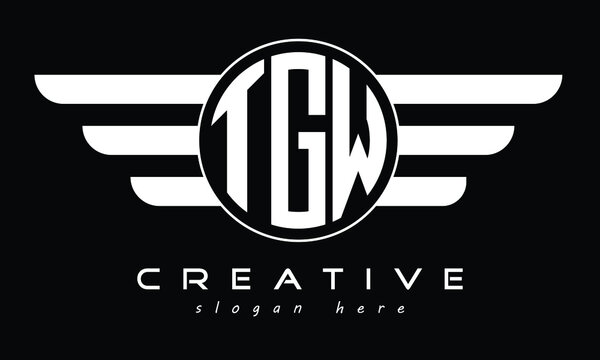 TGW three letter circle with wings logo design vector template. wordmark logo | emblem logo | monogram logo | initial letter logo | typography logo | business logo | minimalist logo | 