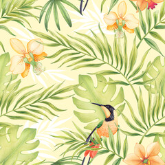 Watercolor seamless tropical pattern on a yellow background. With hummingbird birds, exotic flowers, palm leaves, orchids and frangipani.Ideal for fabric design, postcards, weddings.  © ZubiZub