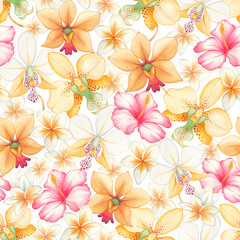 Watercolor seamless pattern of tropical flowers: orchids, plumeria, hibiscus on a white background. The hand-painted jungle paradise background is perfect for textiles and scrapbooking.