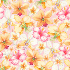 Watercolor seamless pattern of tropical flowers: orchids, plumeria, hibiscus on a pink background. The hand-painted jungle paradise background is perfect for textiles and scrapbooking.