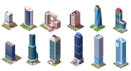 Isometric skyscrapers buildings collection. Set of business office and commercial towers. City development in 3D design. Finance cityscape architecture, street elements for map. Vector illustration