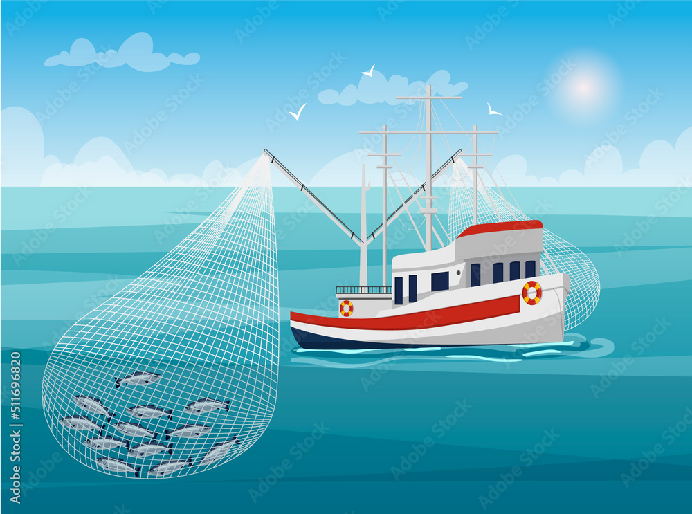 Wall mural seiner hunting fish. concept of industry ship in working process. horizon with clouds and sun in the