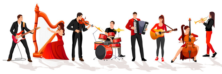 Musicians band set. Orchestra group. Girl guitarist, violinist. Man drummer. Woman in red dress play on harp, cello. Rock and classic music instrument isolated on white background. Vector illustration © GN.STUDIO