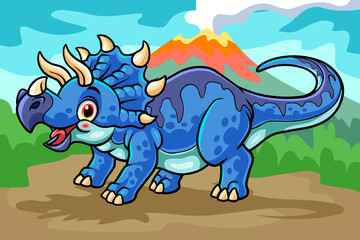 cartoon triceratops mascot isolated on erupting mountain scenery background