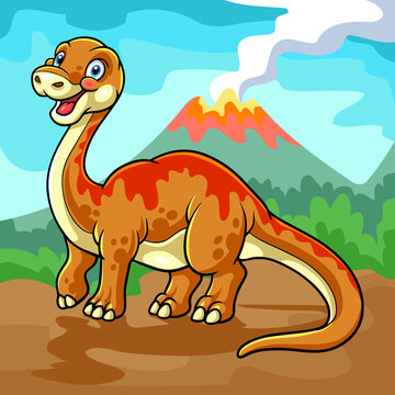 cartoon brontosaurus mascot isolated on erupting mountain scenery background