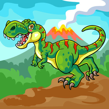 cartoon tyrannosaurus rex mascot isolated on erupting mountain scenery backgroundPrint
