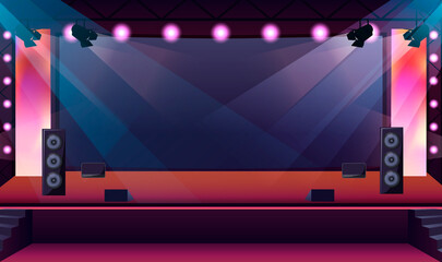 Concert stage with black screen by spot lights. Scene with dance floor and music speakers. Night club bright Interior. Pop, rock festival event. Auditorium hall for cinema premier. Vector illustration
