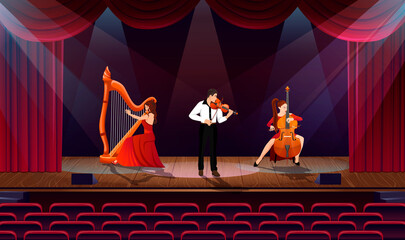 Classical music concert. Symphonic orchestra group on theatre, opera scene. Musicians band on stage. Woman in red dress playing harp. Man violinist. Girl play on cello. Empty hall. Vector illustration © GN.STUDIO