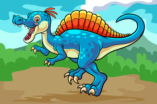 cartoon spinosaurus mascot isolated on erupting mountain scenery background