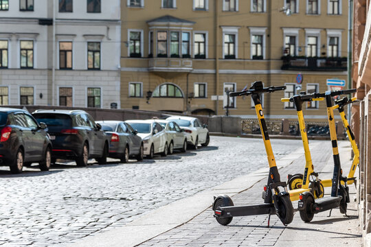 Parking of walking scooters in St. Petersburg, Russia, 2022