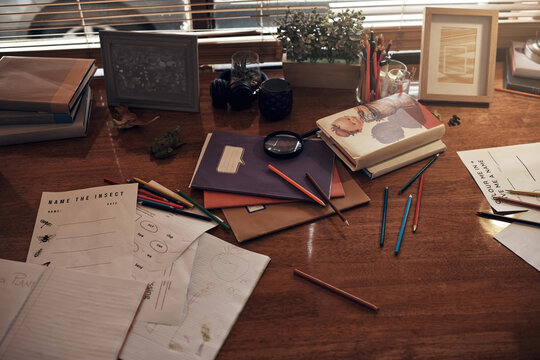 Where we live is where well learn. Shot of various school related items on a desk at home.