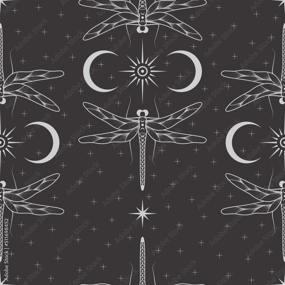 Wall mural vector seamless dark celestial pattern with different stars, crescent and dragonfly on a black. inse
