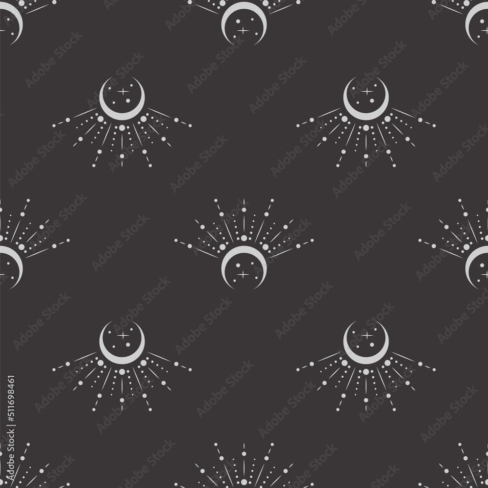 Wall mural vector seamless dark celestial pattern with crescents, beams and stars on a black. esoteric mystical