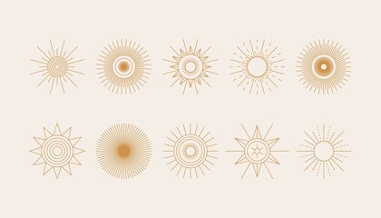 Boho linear sun icon set. Abstract design elements, minimal symbols for logo, tattoo, stories. Modern vector illustration