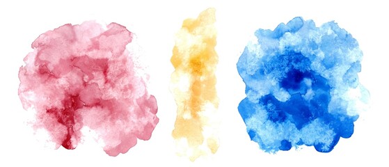 Set of watercolor blots, stains. Colorful hand drawn textures. Red, yellow, blue grunge backgrounds.