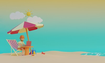 Obraz na płótnie Canvas 3D summer banner template with beach island work everywhere 3D Render