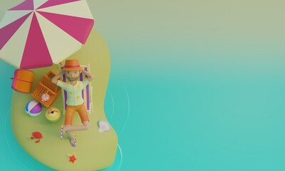 3D summer banner template with man relax in island 3D Render
