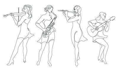 Fototapeta na wymiar Collection. Silhouette of woman with guitar, violin, saxophone flute in modern continuous line style. Beautiful girl. Aesthetic decor sketches, posters, stickers, logo. Set of vector illustrations.
