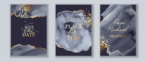 Set of vertical backgrounds. Black, grey, white watercolor fluid painting vector design. Dusty pastel, neutral and golden marble. Dye elegant soft splash style. Alcohol ink imitation. Wedding cards. - obrazy, fototapety, plakaty