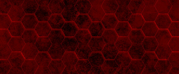 Obraz premium Abstract background of red marble hexagon tiles with gray gaps between them, red background of hexagons of different heights, top lighting., technological backdrop. 