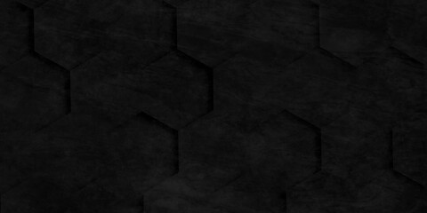 Abstract background of black marble hexagon tiles with gray gaps between them, black background of hexagons of different heights, top lighting. technological backdrop.	