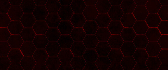 Abstract background of red marble hexagon tiles with gray gaps between them, red background of hexagons of different heights, top lighting., technological backdrop.	