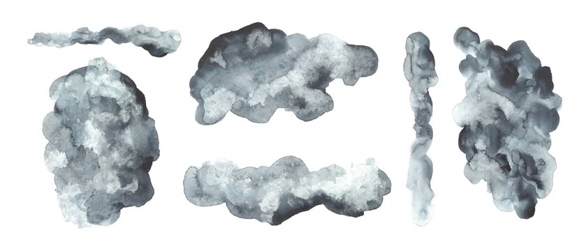 Black, white, grey watercolor abstract stains. Grunge hand painted textures, washes, design elements.