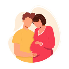 Happy expecting couple. Pregnancy and parenthood concept vector illustration. Cute cartoon concept illustration of a couple expecting a baby, healthcare, pregnancy, medicine. Happy young family. 