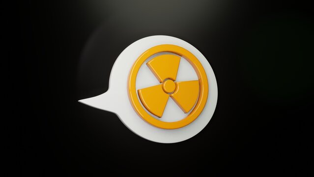 Gelbes Radioaktive Strahlung-Symbol auf einer weissen Sprechblase mit schwarzem Hintergrund, 3D-Rendering 