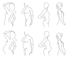 Collection. Slim girl silhouettes in modern single line style. The woman is pregnant. Solid line, outline aesthetic decor, posters, stickers, logo. set of vector illustrations.