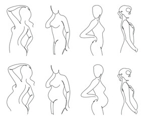 Collection. Slim girl silhouettes in modern single line style. The woman is pregnant. Solid line, outline aesthetic decor, posters, stickers, logo. set of vector illustrations.