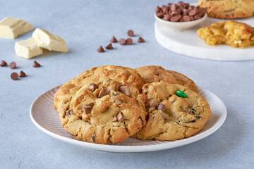 Cookies with dark and white chocolate . Closeup