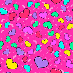 Colorful heart seamless pattern on white background. Paper print design. Abstract retro vector illustration. Trendy textile, fabric, wrapping. Modern space decoration.
