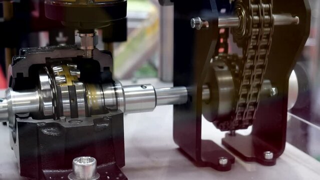 Working mechanism gear demonstration behind the glass, open bearing automated lubrication.