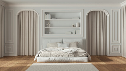 Neoclassic bedroom in white and beige tones. Double bed and carpet, arched walls with curtains. Molded walls and bookshelf, parquet. Classic interior design