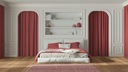 Neoclassic bedroom in white and red tones. Double bed and carpet, arched walls with curtains. Molded walls and bookshelf, parquet. Classic interior design